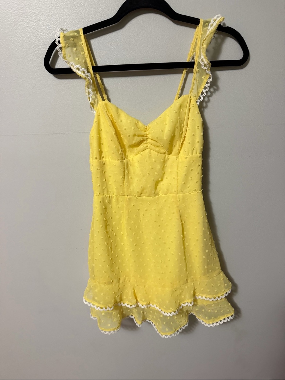 Lucy in the Sky Yellow Swiss Dot Mini Dress XXS Flutter Sleeve Lace Trim Cottage